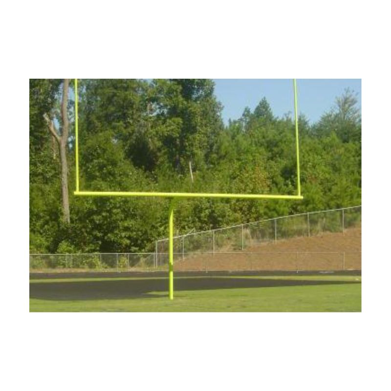 Yellow Metal Goal Post And Crossbar Freshly Painted On Green Field