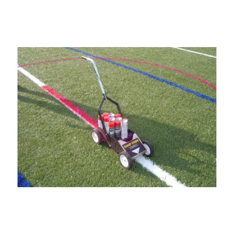Removable temporary aerosol red spray chalk lacrosse lines synthetic field turf.