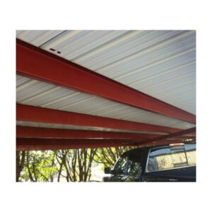 Underside Of A Metal Roof With Red Beams