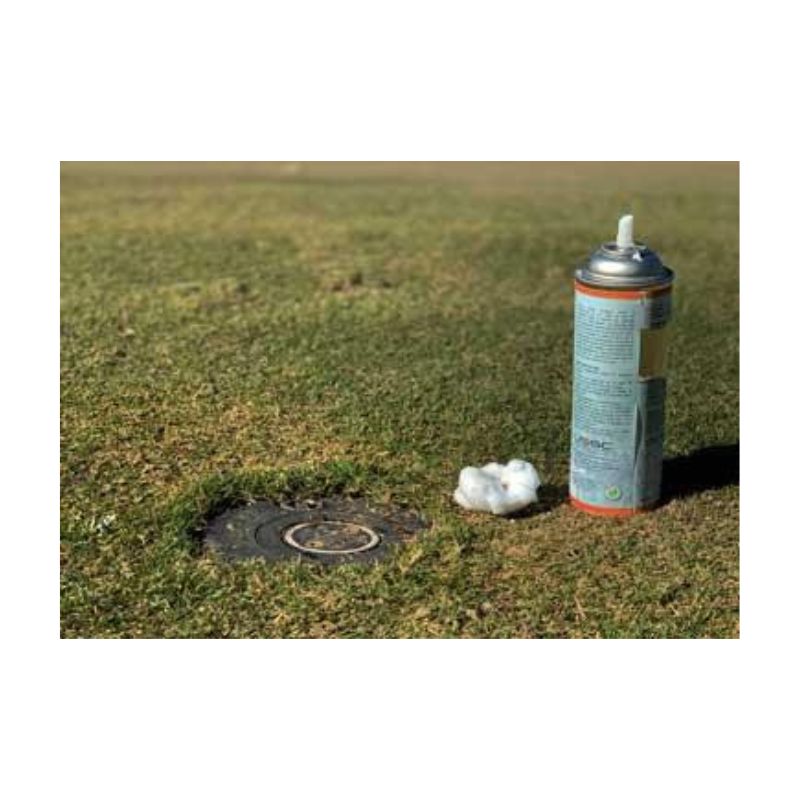 upside down Aerosol foam cans as a tracker tool for grass on golf courses. Golf Course Grass Temporary Marking With Aerosol Foam Cans. FOAMworks AEROSOL Aerosol cans to spray foam as temporary markings on grass, turf, soil. Aerosol