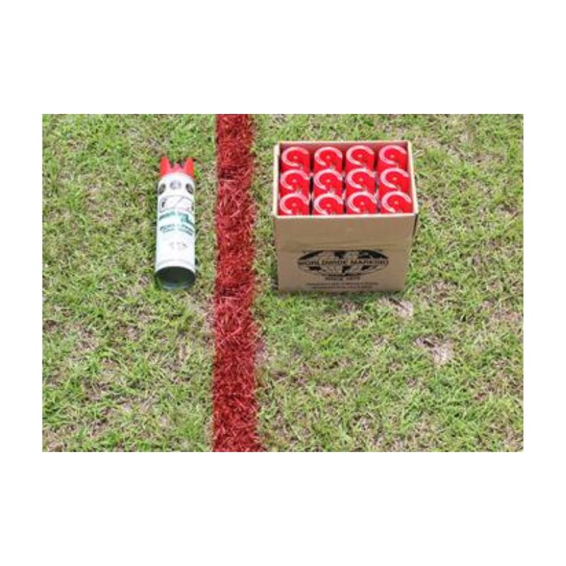 Red Aerosol Paint Line Marked On Grass With Paint Can And Box