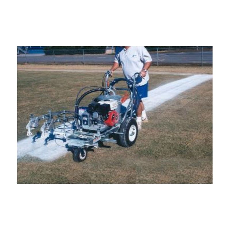 Spray application striping football sideline field paint.