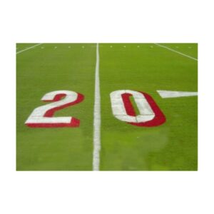 Bright white red football number yardage grass paint.