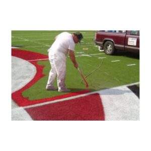 Bright Red white college mid field logo painting line striping logo paint.