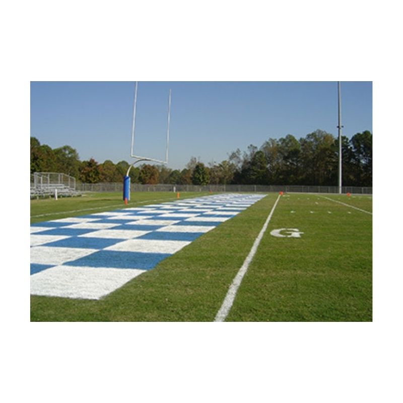 Bright football field end zone paint.
