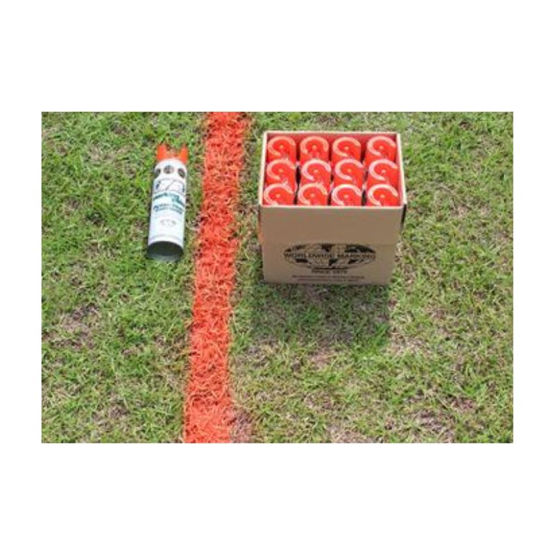Orange And Red Inverted Aerosol Cans Lined Up On Grass For Marking