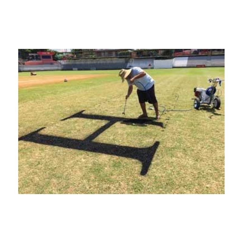 Person Painting A Black Square Stencil Logo On A Sports Field