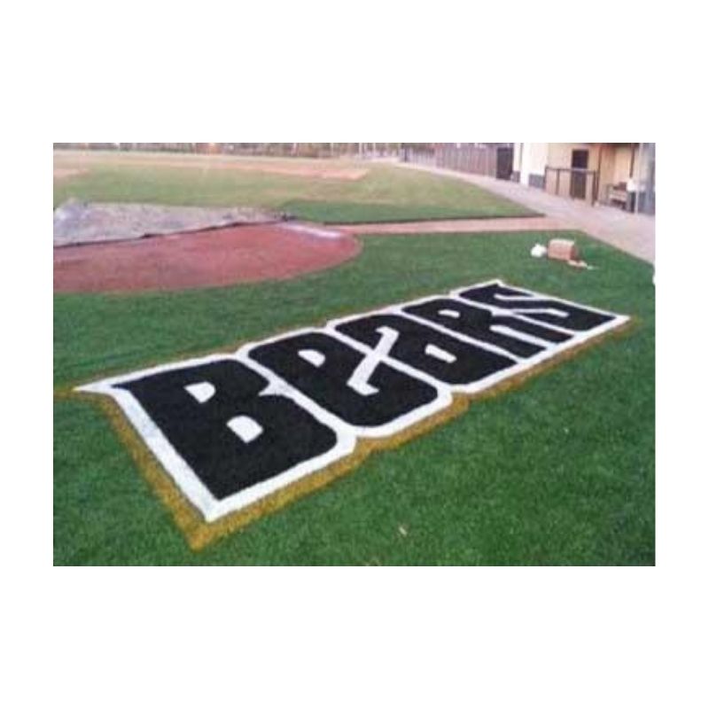 Finished permanent logo on synthetic turf with aerosol paint colors.