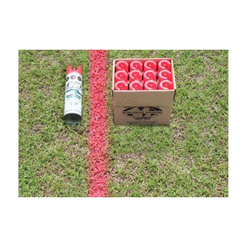 Red Aerosol Line Marked On Grass With Can And Crate Beside It