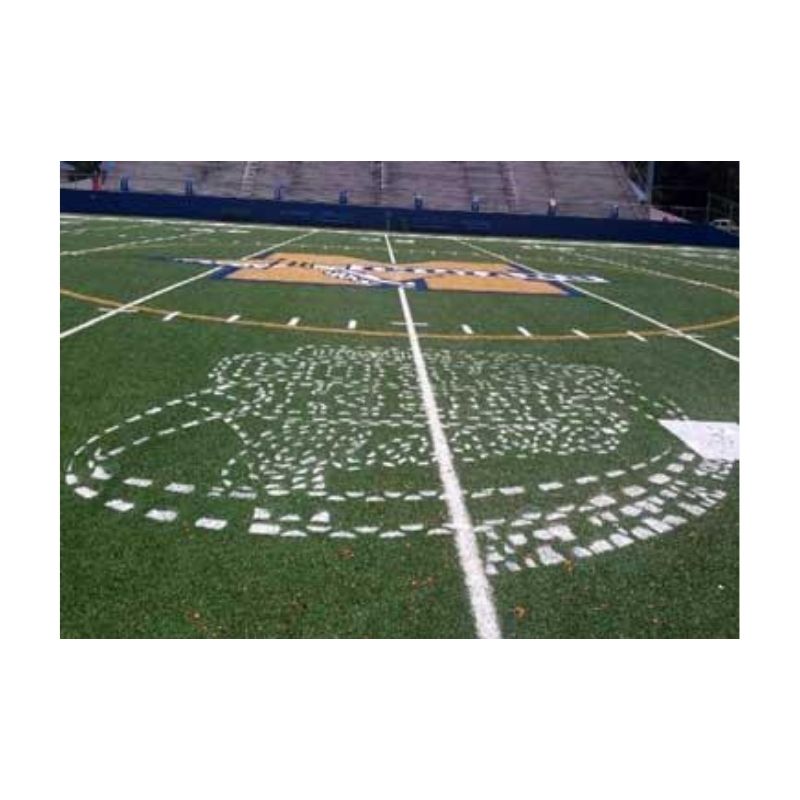 Football team logo stencil painting synthetic turf field.
